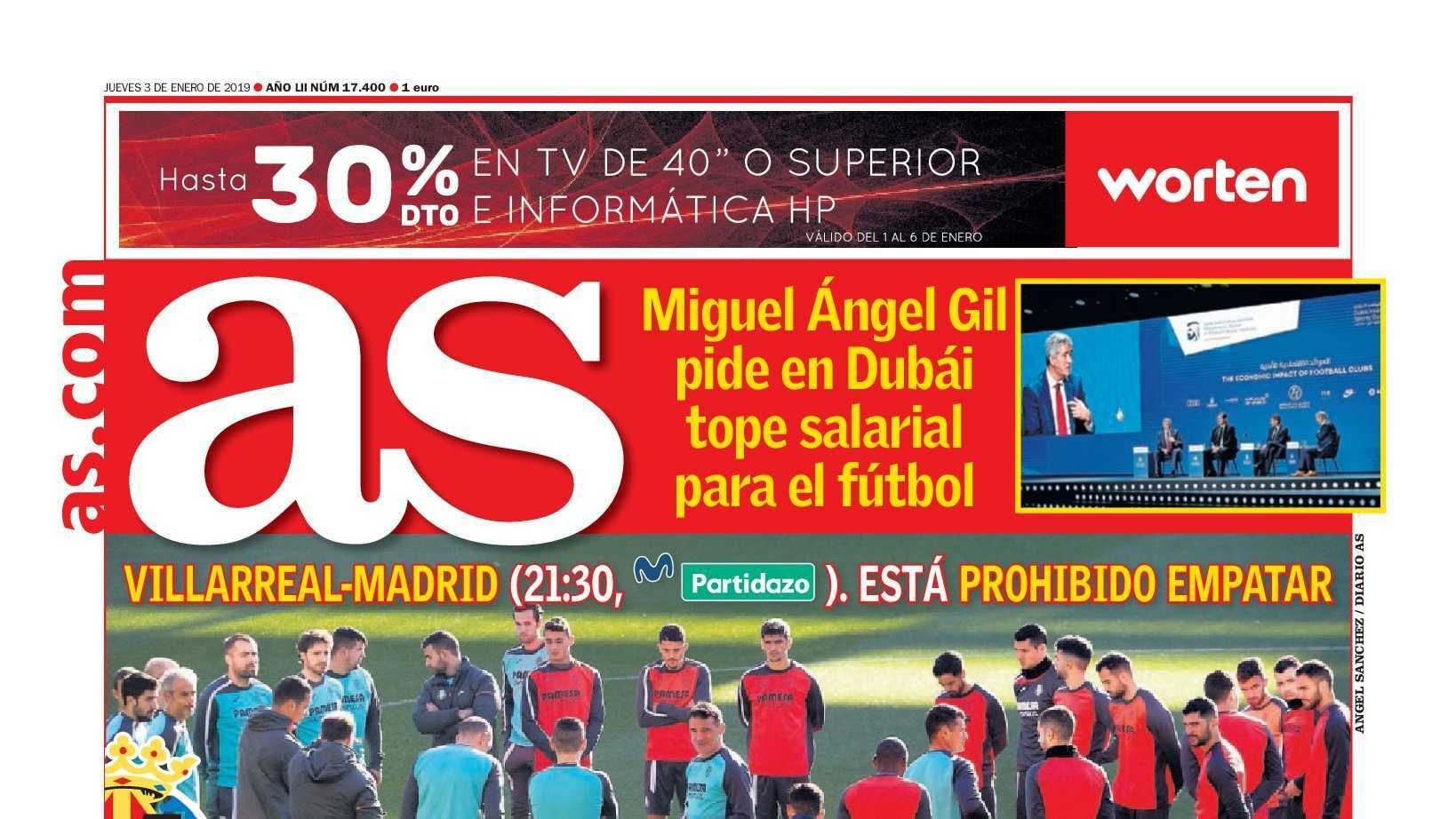 La portada del diario AS (03/01/2019)