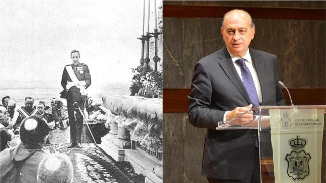 Alfonso XIII durante el discurso de inauguración del monumento al Sagrado Corazón de Jesús y Jorge Fernández Díaz.