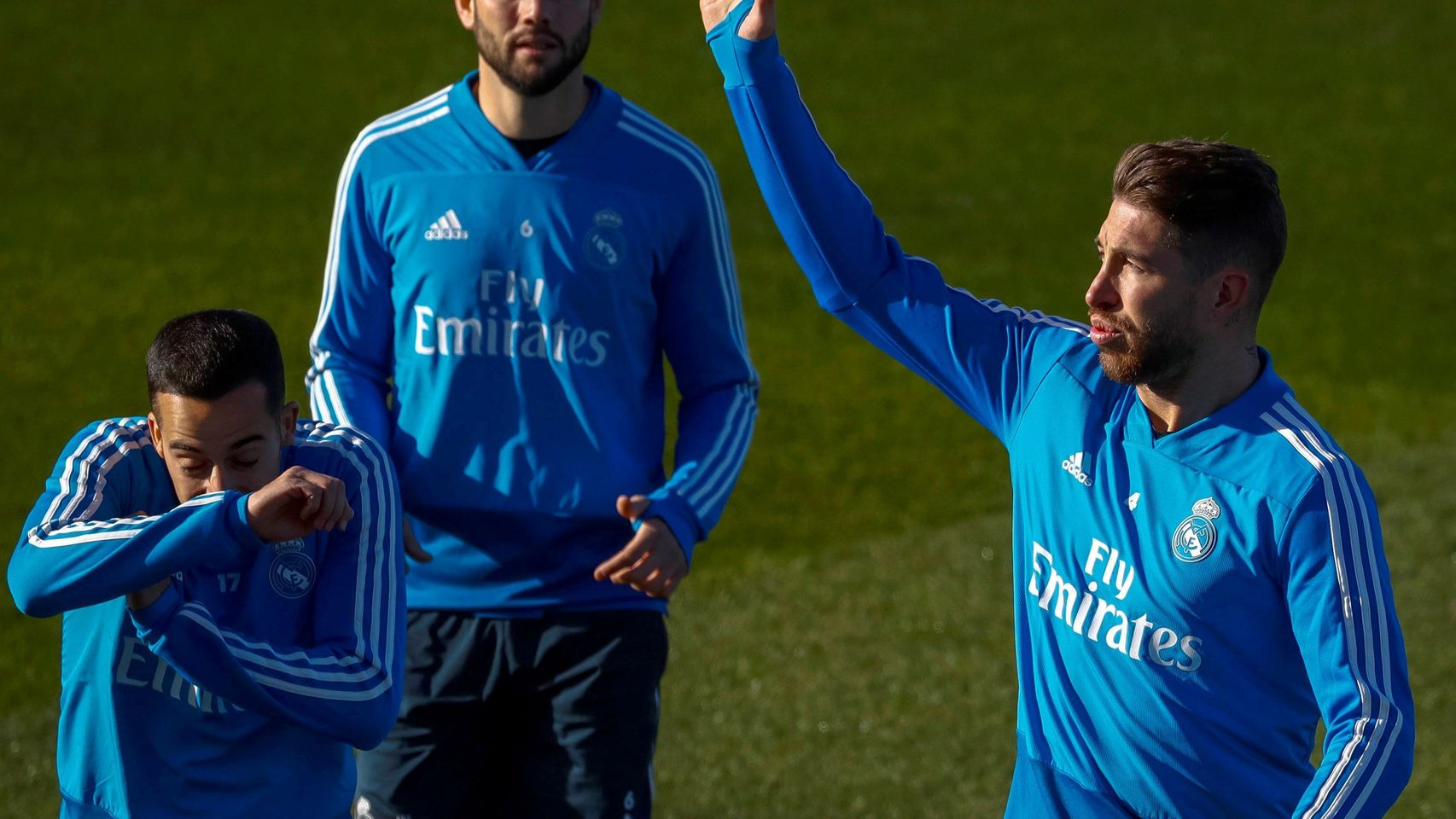 Sergio Ramos, Nacho y Lucas Vazquez en el entrenamiento de este martes.