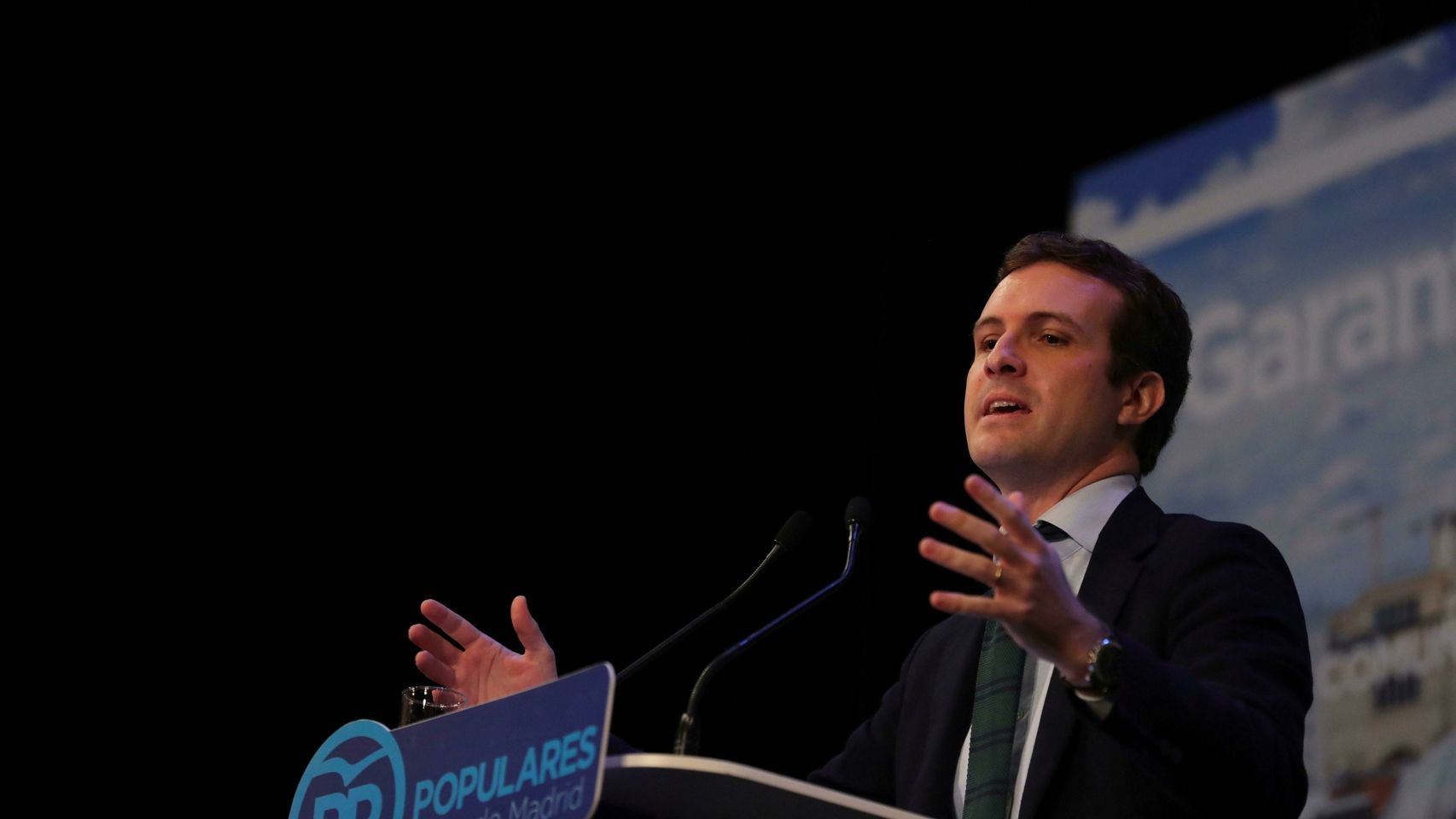 El presidente del PP, Pablo Casado, en la presentación de Díaz Ayuso y Martínez Almeida como candidatos en Madrid.