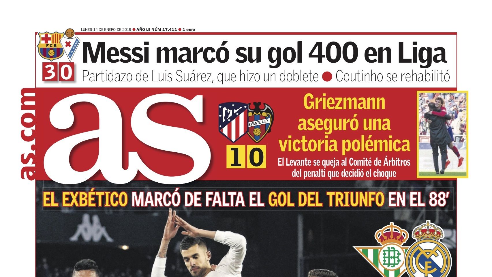 La portada del diario AS (14/01/2019)