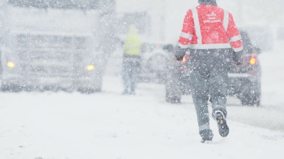 Una agente de la policía foral navarra durante la nevada de febrero de 2018.