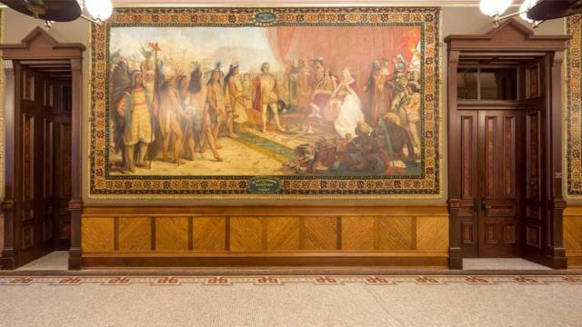 Uno de los murales sobre Cristóbal Colón en la universidad estadounidense.