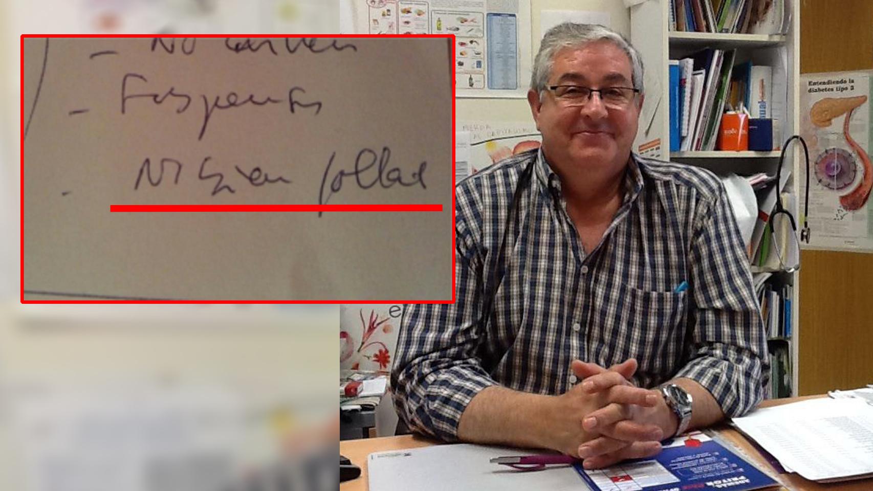En la imagen, el doctor Ramón y una foto en la que se lee no bien follada, que fue el diagnóstico que le dio a Patricia.