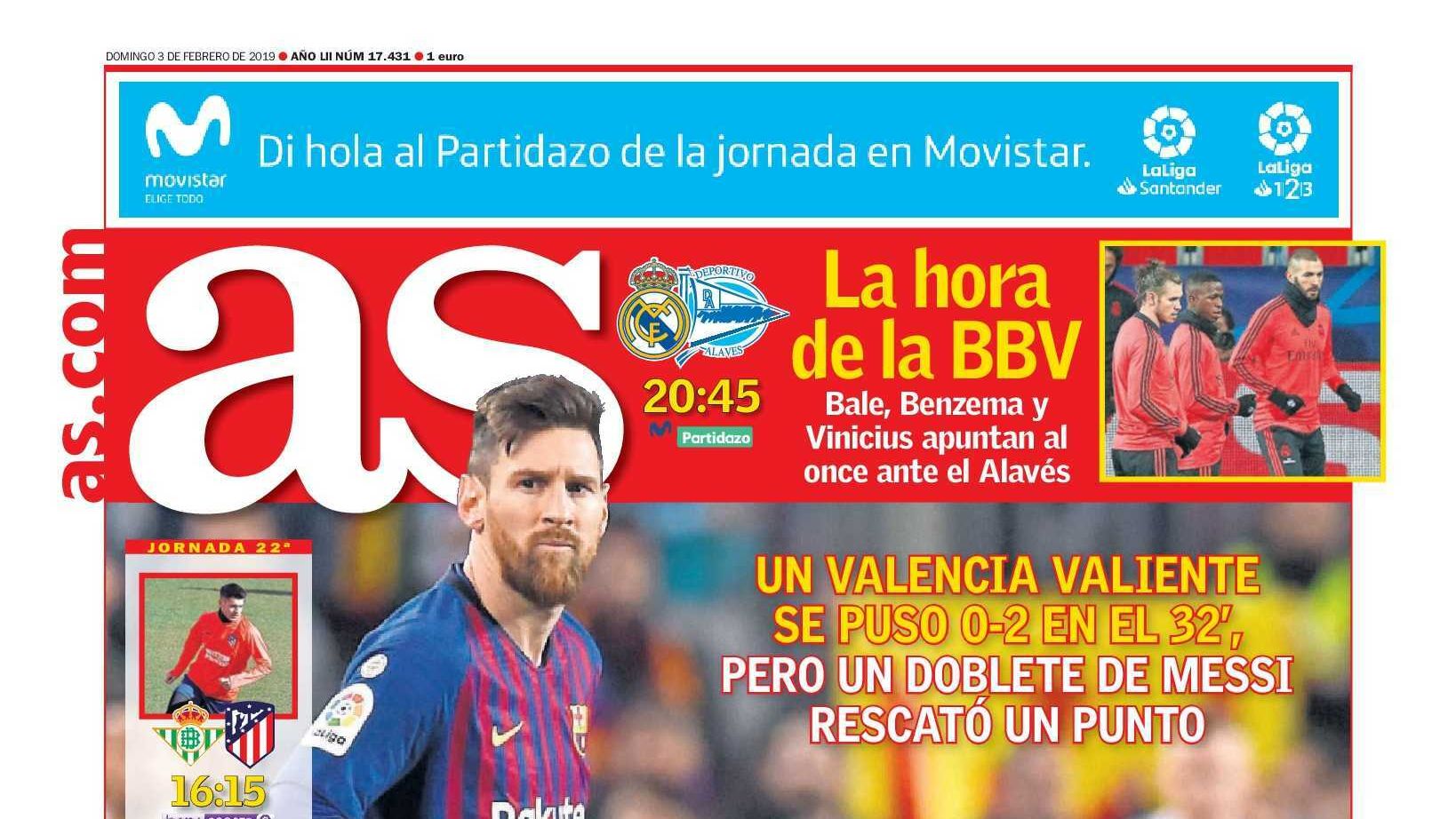 La portada del diario AS (03/02/2019)