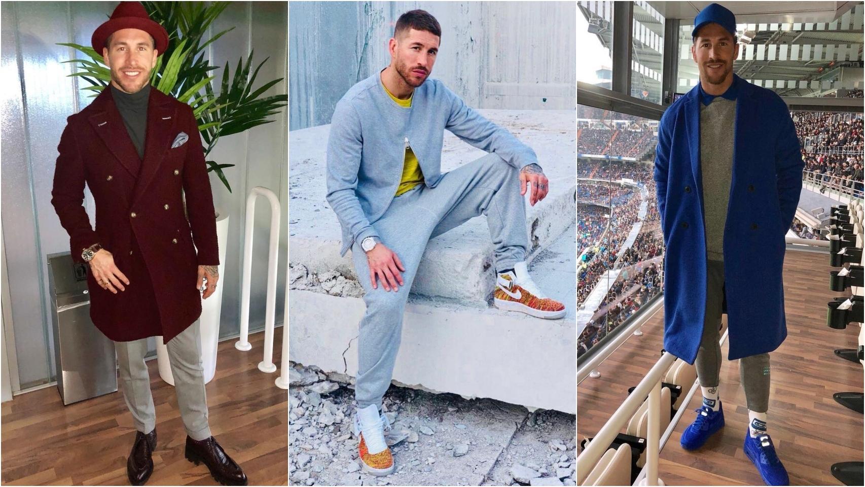 Sergio Ramos con tres de sus 'outfits' más comentados.