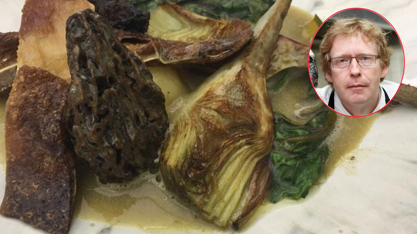 Bernd H. Knöller y un plato de su restaurante de alcachofas con colmenilla, la seta tóxica.