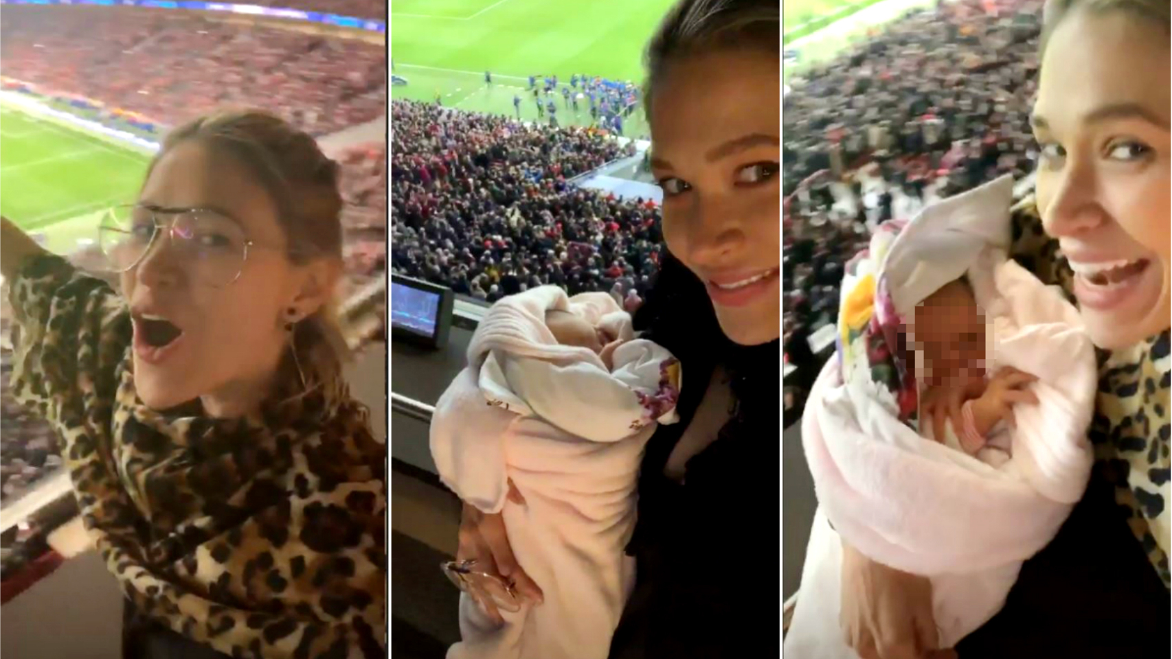 Carla Pereyra con su hija Valentina animando al Atlético de Madrid.