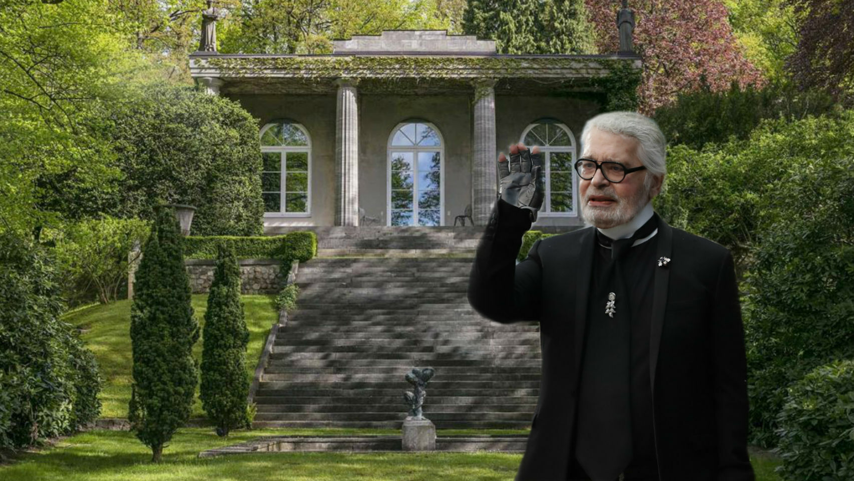 Karl Lagerfeld, con su Villa Jako al fondo en un montaje de Jaleos.
