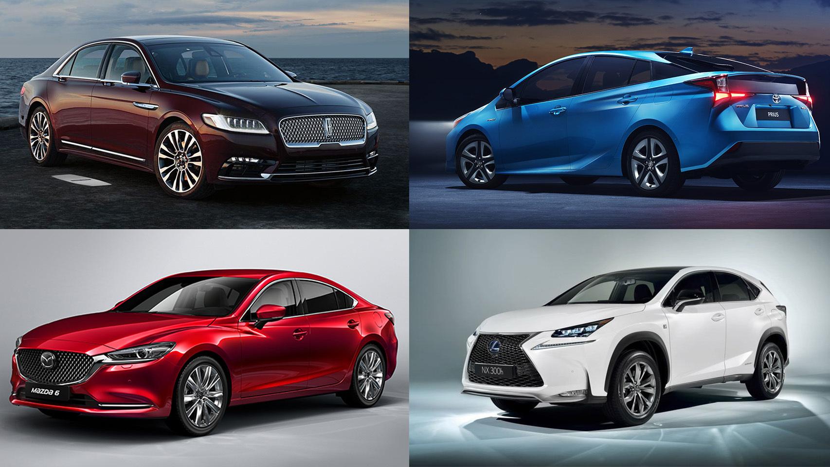 De izquierda a derecha y de arriba a abajo, el Lincoln Continental, el Toyota Prius, el Mazda 6 y el Lexus NX