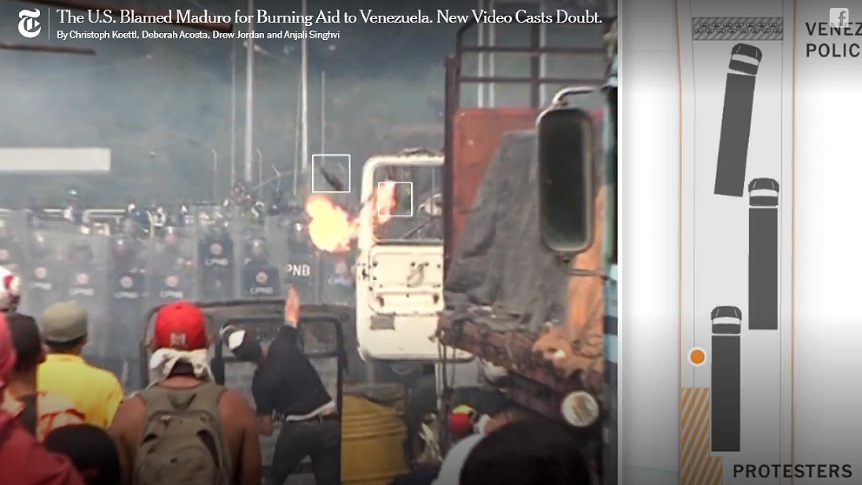 Captura del vídeo del 'NYT' en la que se ve cómo el trapo de un cóctel molotov se desvía hacia uno de los camiones.