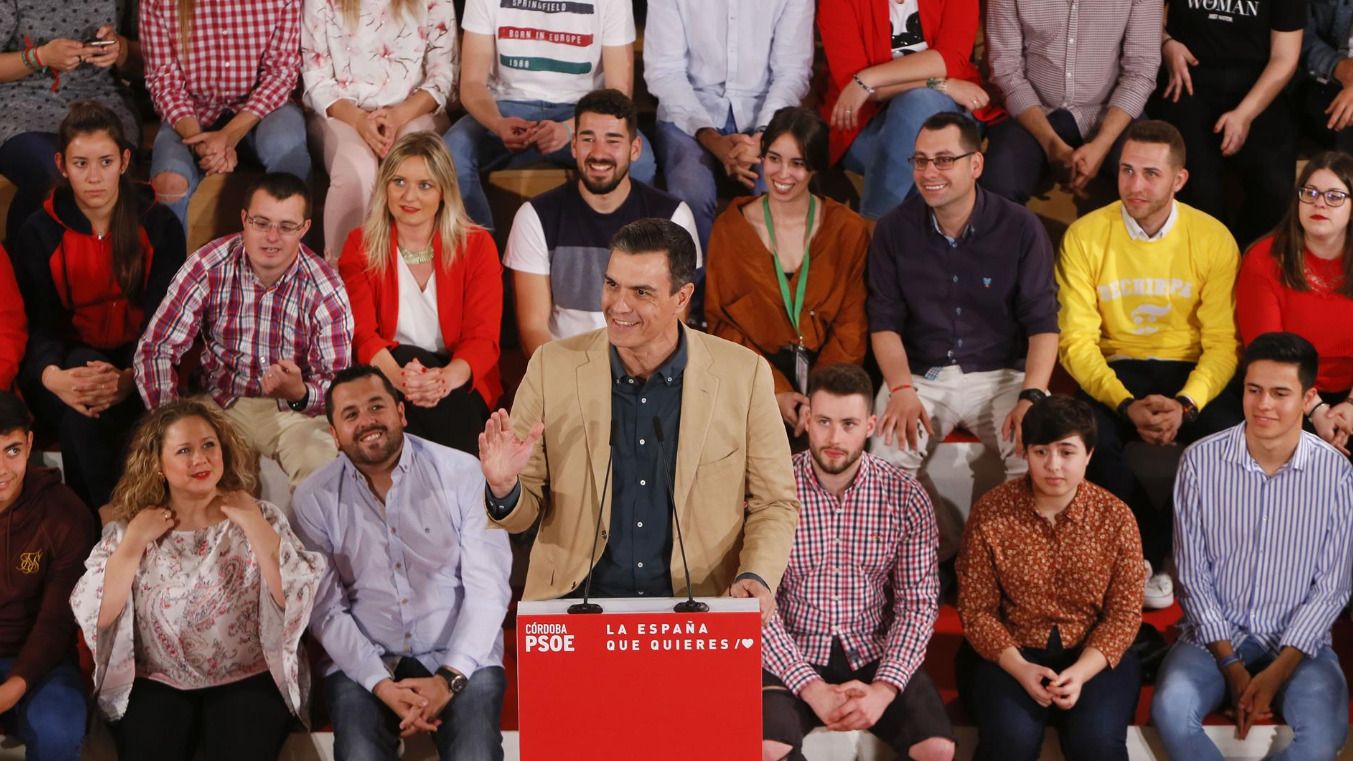 Pedro Sánchez durante esta tarde en un mitin en Córdoba.