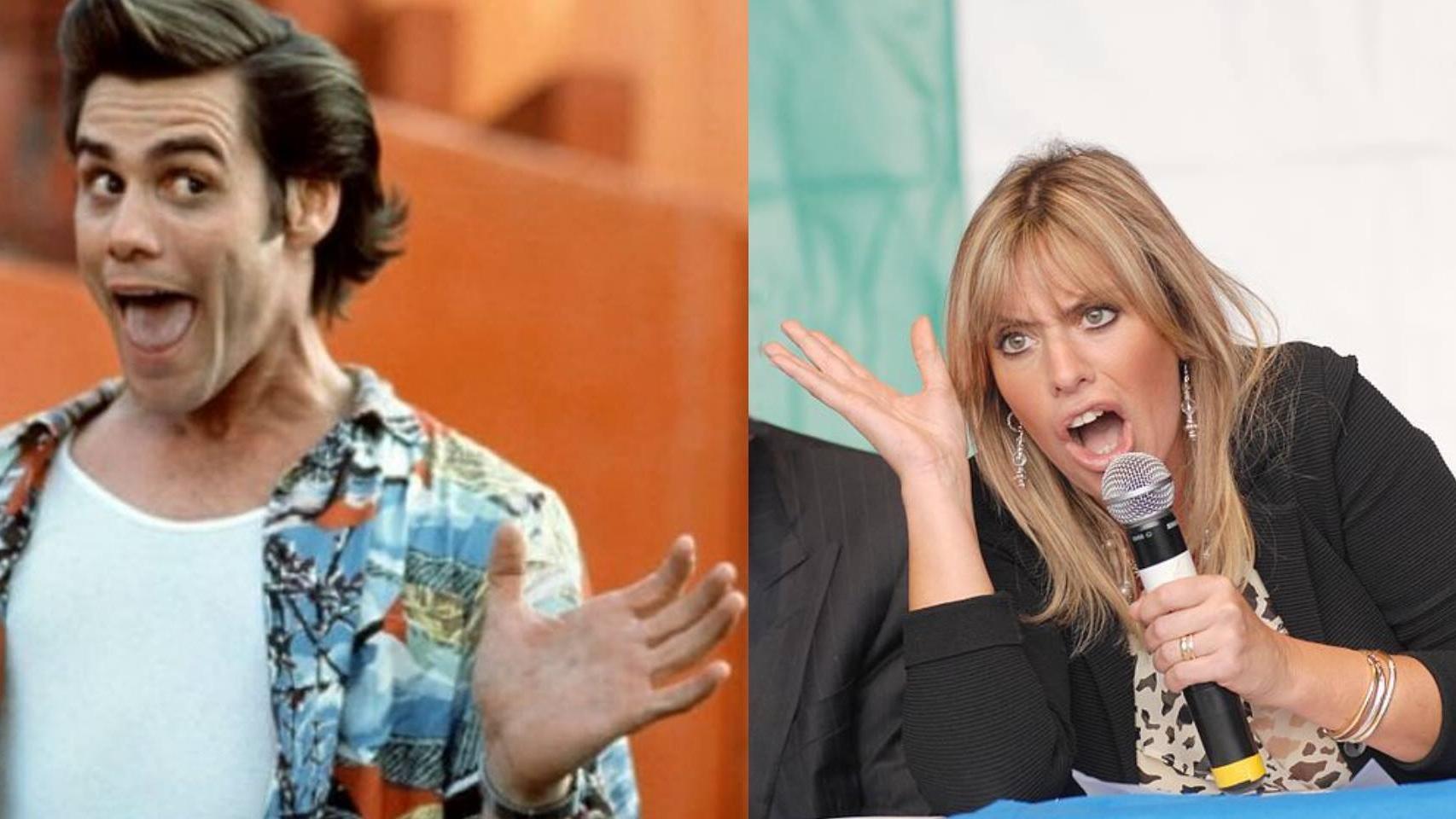 El actor Jim Carrey en 'Ace Ventura' y la eurodiputada Alessandra Mussolini.