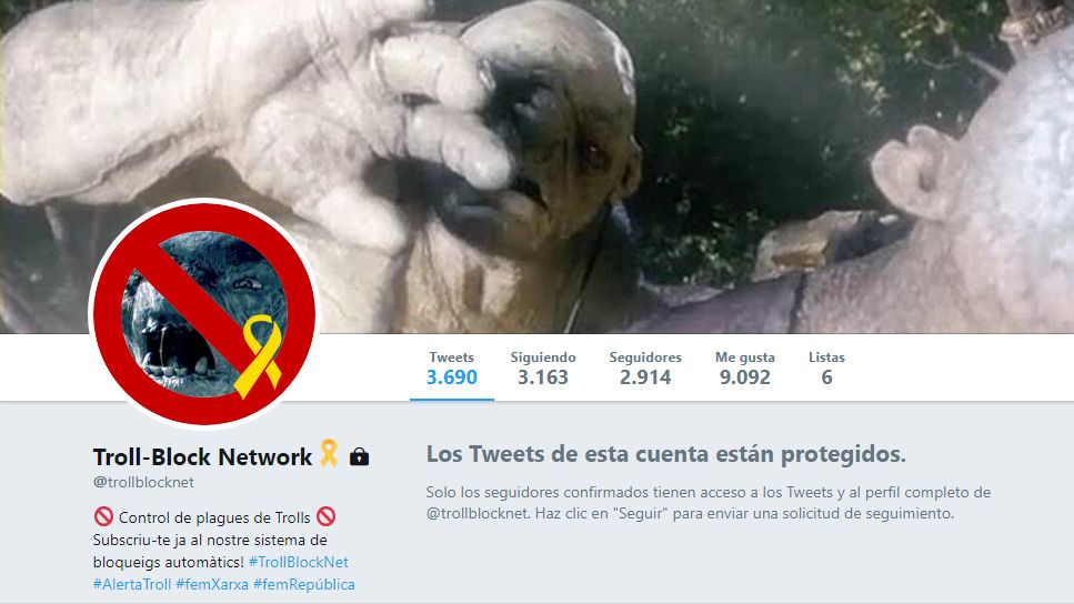Portada del perfil separatista @trollblocknet para promocionar el boicot a los trolls unionistas.