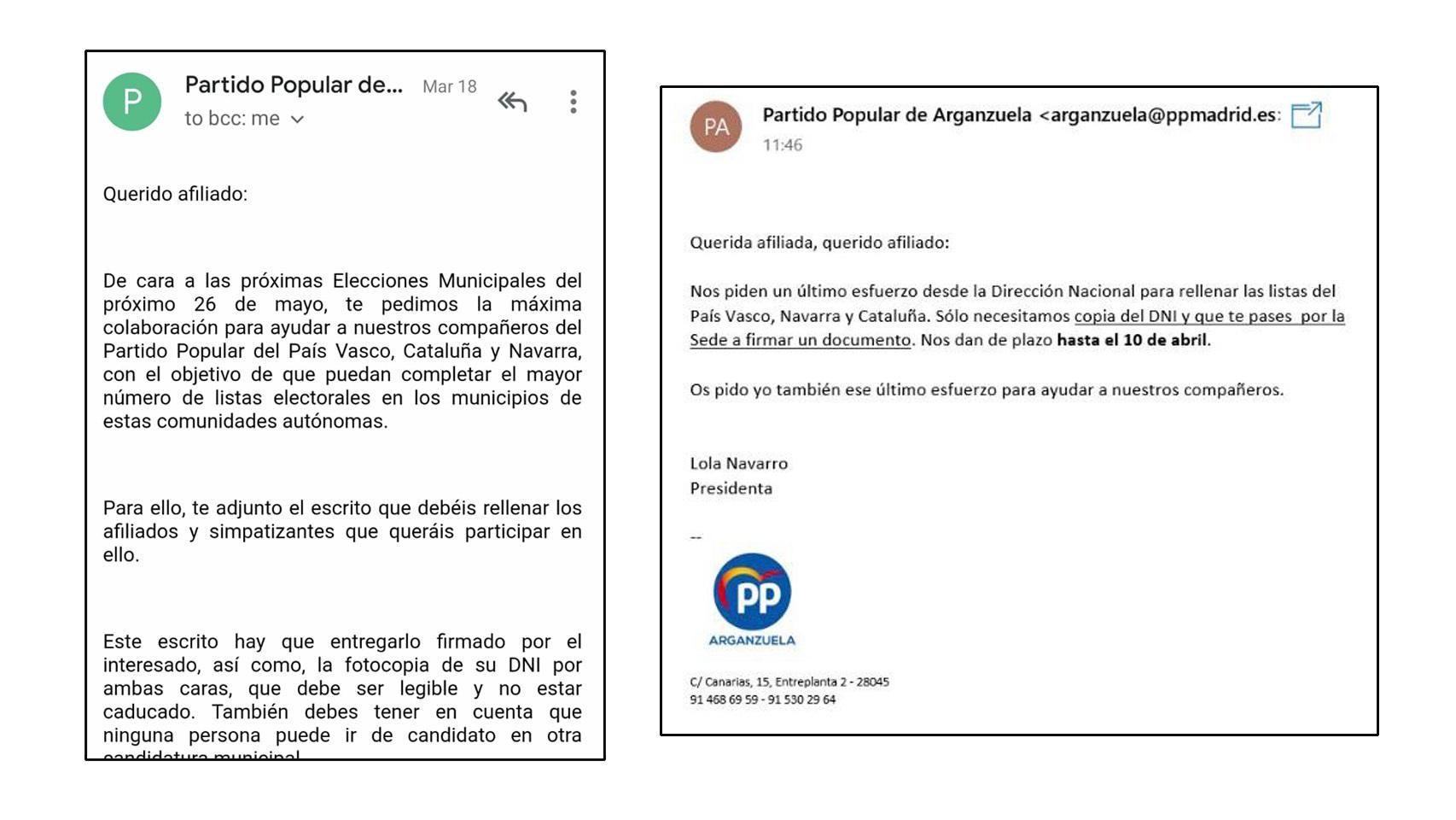 Correos enviados a los militantes en distintas agrupaciones del PP.