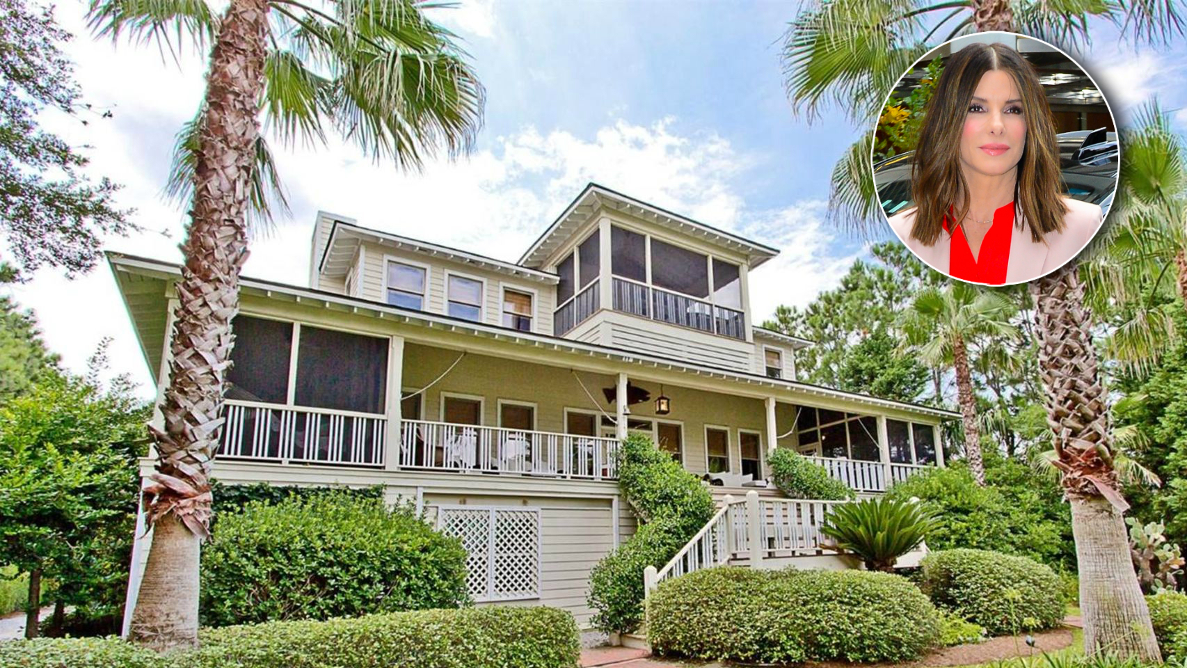 Sandra Bullock en un montaje junto a la casa de Georgina que ha puesto a la venta.