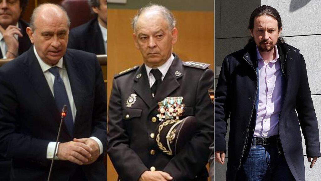 De izquierda a derecha, Fernández Díaz, extitular de Interior; en el centro, Pino, el exDAO, y a la derecha, el exlíder de Podemos, Pablo Iglesias.