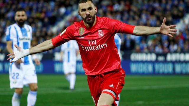 Benzema celebra su gol al Leganés