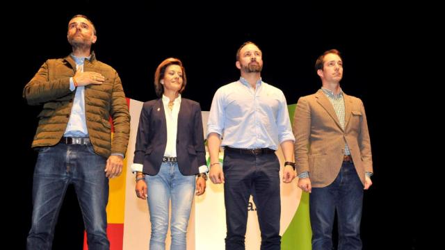 De izquierda a derecha: Rafael Lomana; Rosario Velasco; Santiago Abascal; y Pablo Sáez este sábado en Albacete.