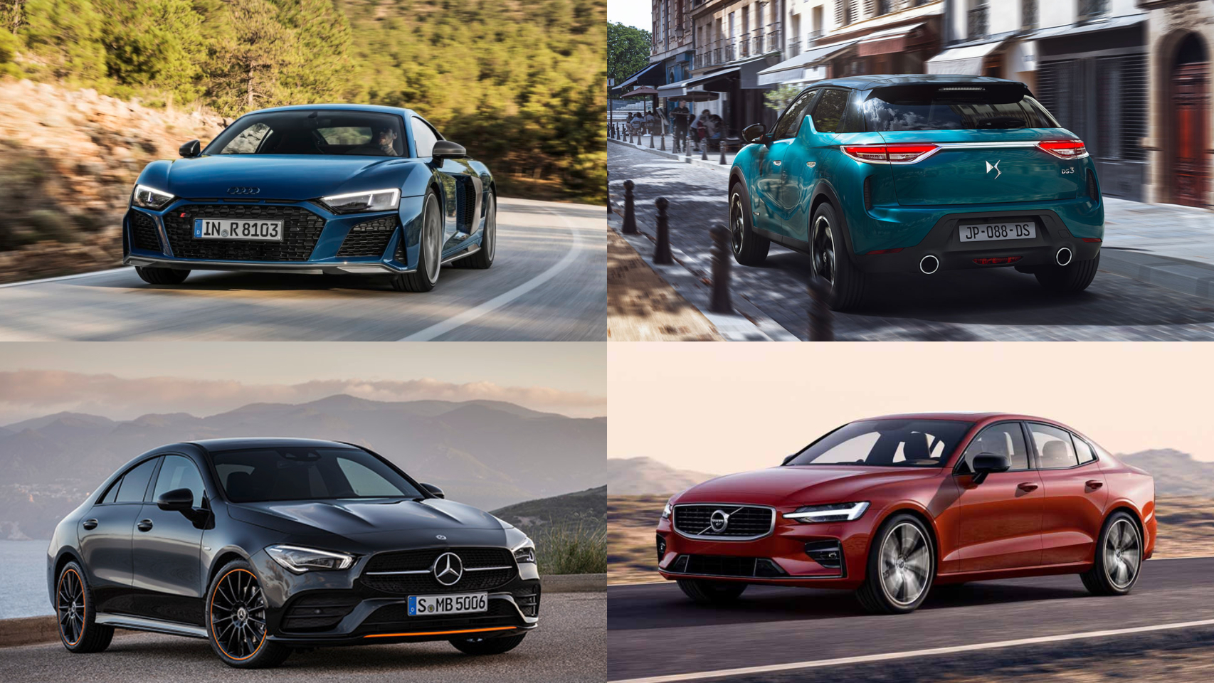 De izquierda a derecha y de arriba a abajo, Audi R8, DS 3 Crossback, Mercedes CLA y Volvo S60