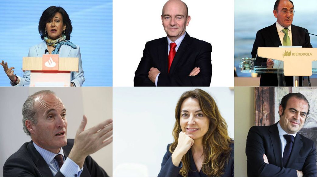 Ana Botín, presidenta del Santander; Ramón Aragonés, CEO de NH Hotels; Ignacio Sánchez Galán, presidente de Iberdrola; Julián Núñez, presidente de Seopan; Alicia Richart, directora general de DigitalES; Gabriel Escarrer, CEO de Meliá Hotels.