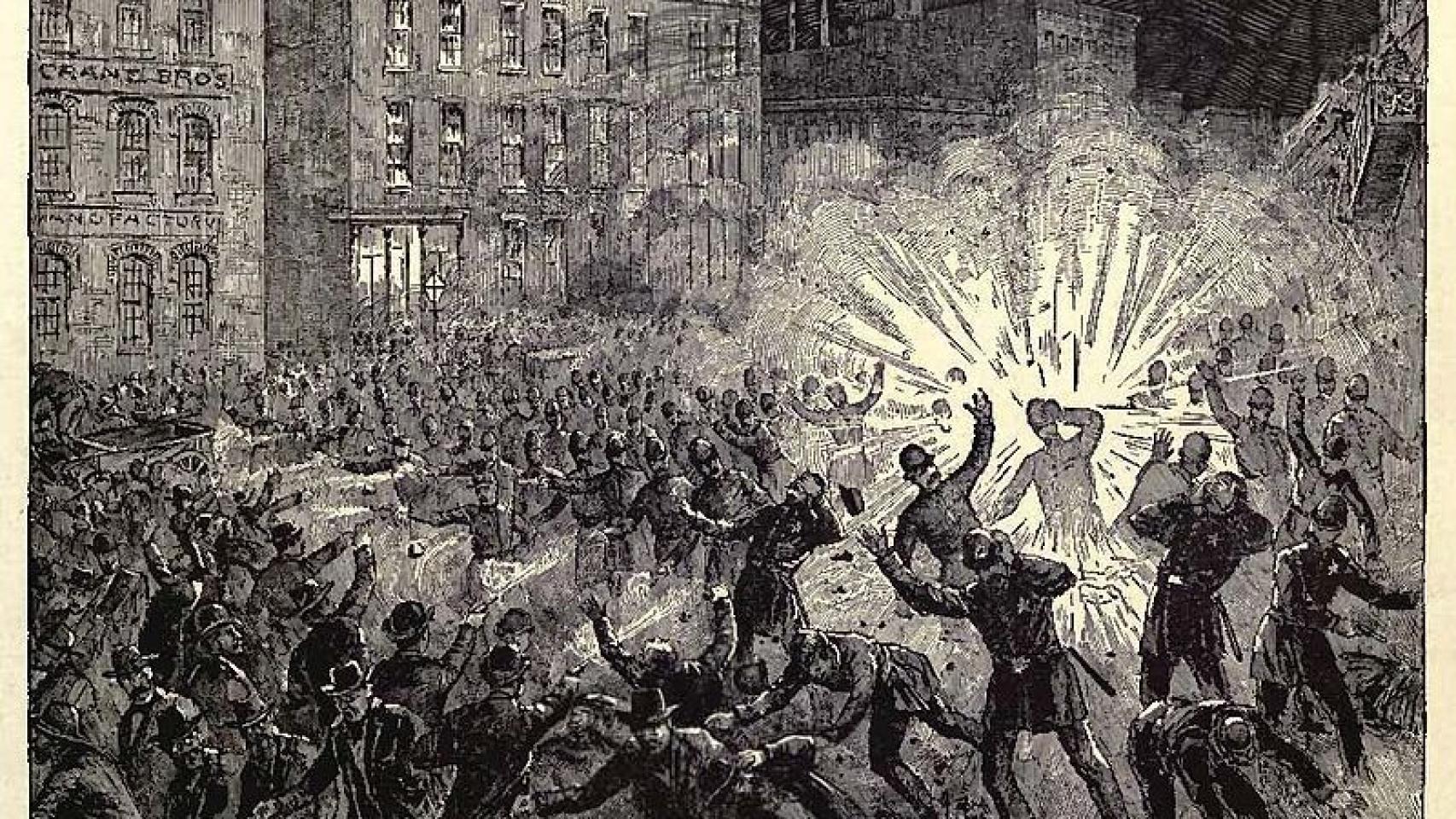 Grabado que recoge la explosión en la Revuelta de Haymarket
