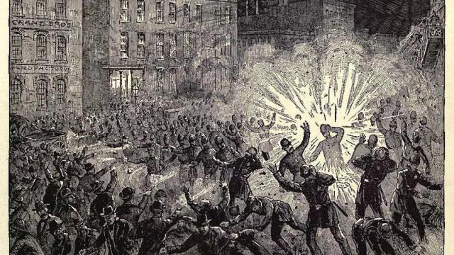 Grabado que recoge la explosión en la Revuelta de Haymarket
