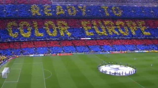 Tifo del Barcelona antes de medirse al Liverpool