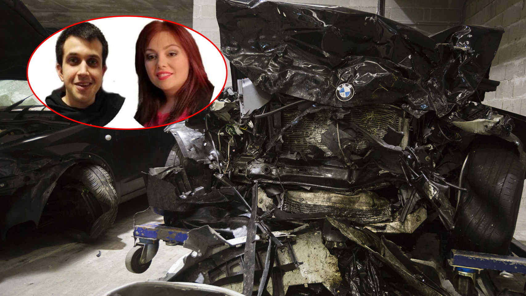 A la derecha, el estado en el que quedó el BMW de Pilar. A la izquierda, las dos víctimas del accidente, Sara y Abraham.