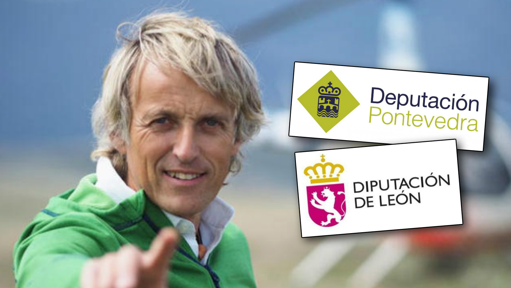 Jesús Calleja con los logos de los gobiernos en montaje JALEOS.