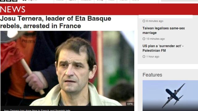 Información de la BBC sobre el arresto de 'Josu Ternera'.