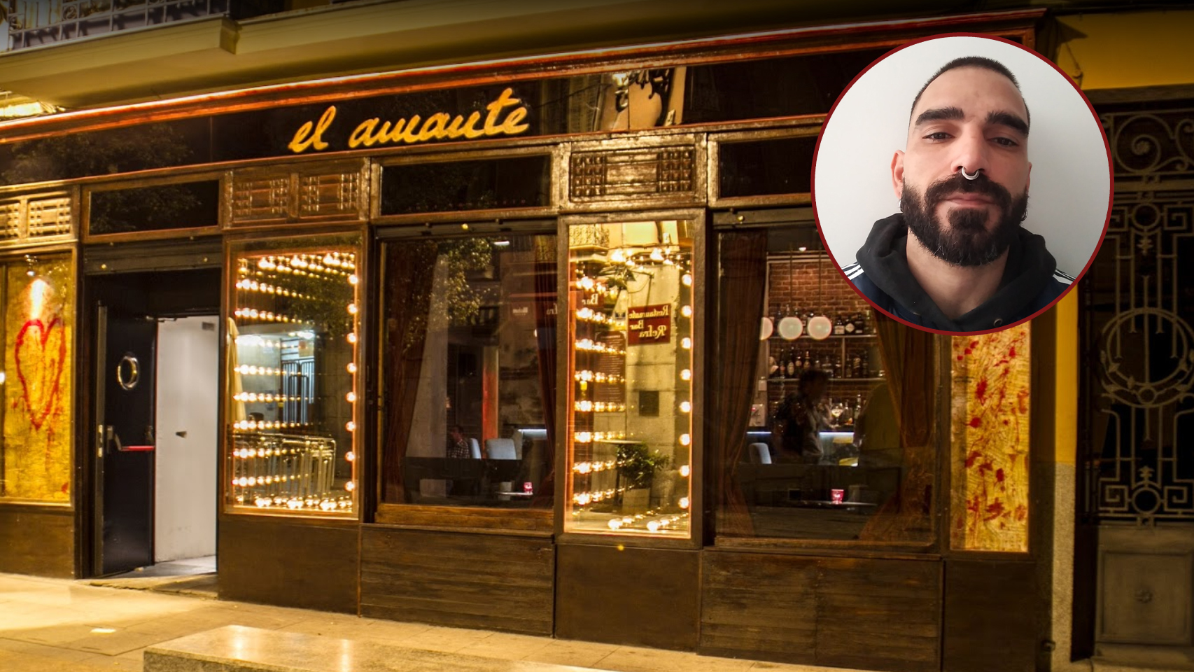 Bar El Amante donde ocurrió la agresión, y una fotografía del chico que lo denunció a través de Google (gyenvy) y Twitter (@kreativakollect).