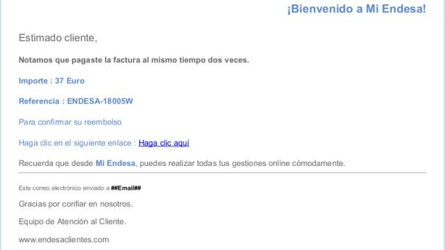 Correo con el que los estafadores suplantan la imagen de Endesa