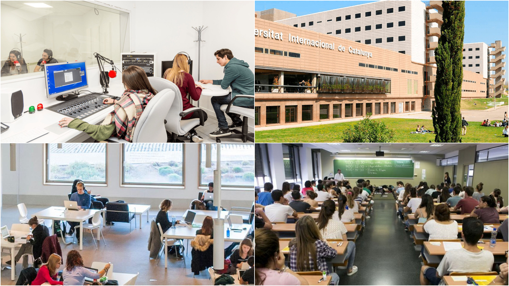 De izquierda a derecha y de arriba a abajo, la Universidad Camilo José Cela, la Universidad Internacional de Cataluña, la Universidad Carlos III y la Universidad Autónoma de Barcelona