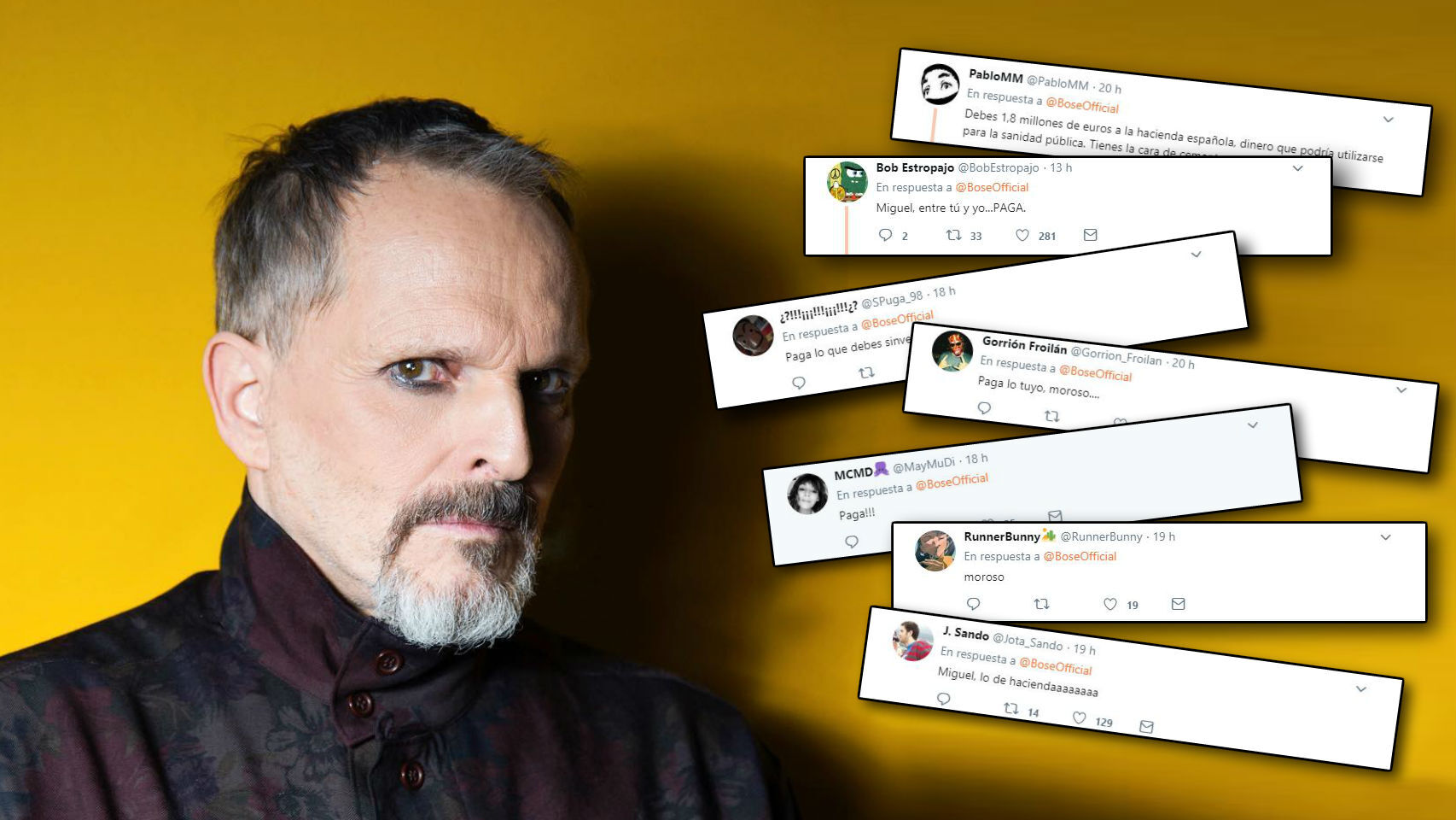Miguel Bosé, en un montaje de JALEOS junto a las críticas.