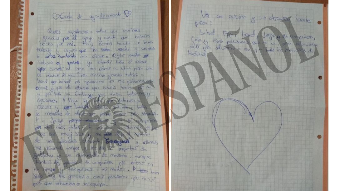 La carta escrita por el menor a los policías que detuvieron a su abusador sexual.