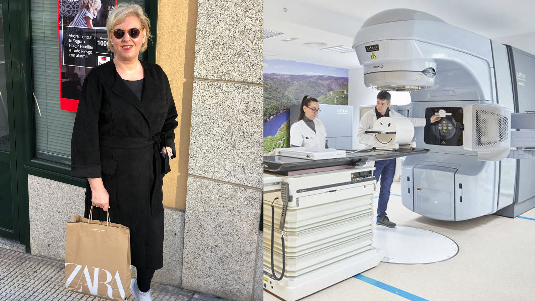 Ana, a un lado, con una bolsa de Zara; al otro lado, una de las máquinas donadas por Amancio.