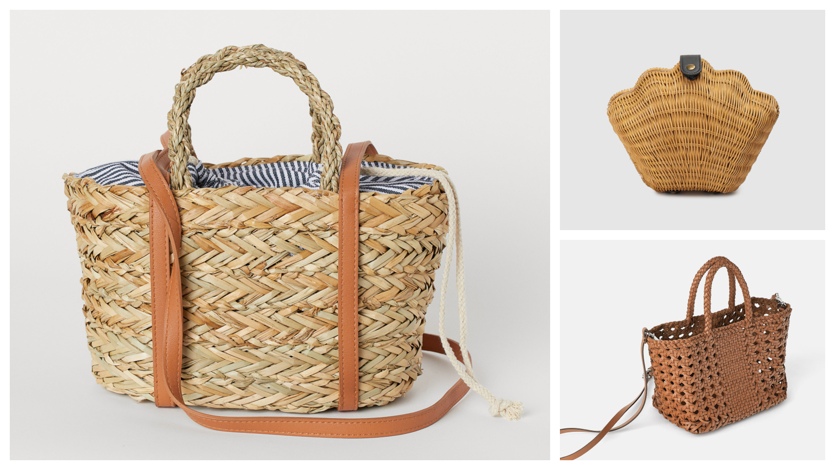 Algunos bolsos de mimbre en un montaje de JALEOS.