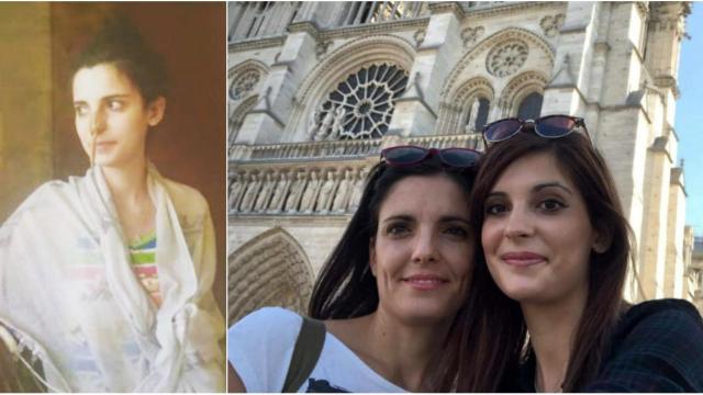 Carolina Cerezo durante una hospitalización (izq). Carolina y Gloria Cerezo en París (der)
