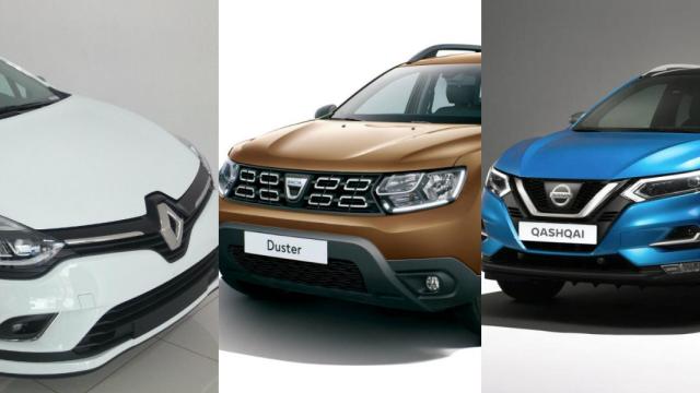 Fotomontaje de un Renault Clio IV, un Dacia Duster y un Nissan Qashqai.