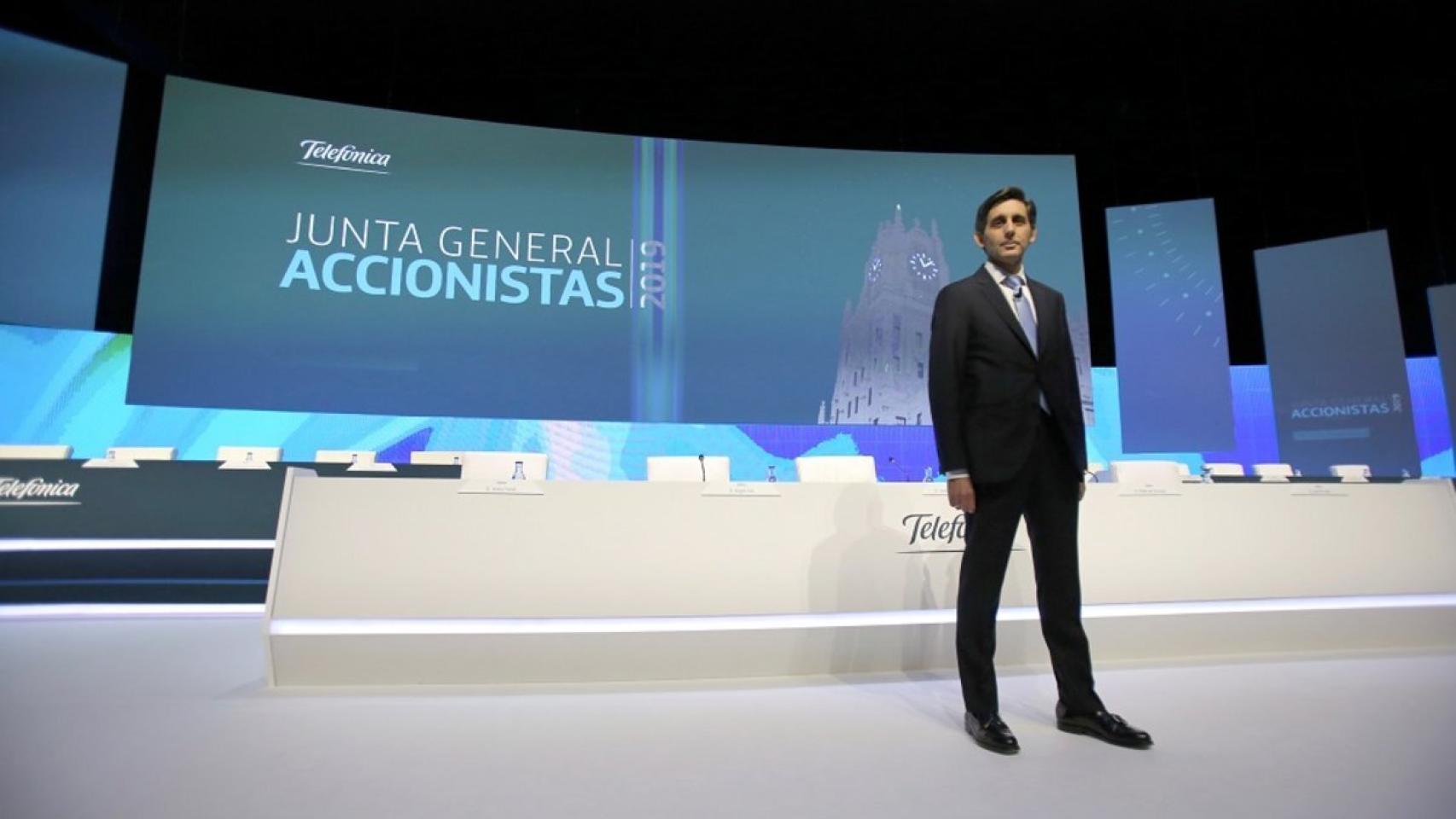 José María Álvarez Pallete, presidente ejecutivo de Telefónica, durante la última Junta de Accionistas.