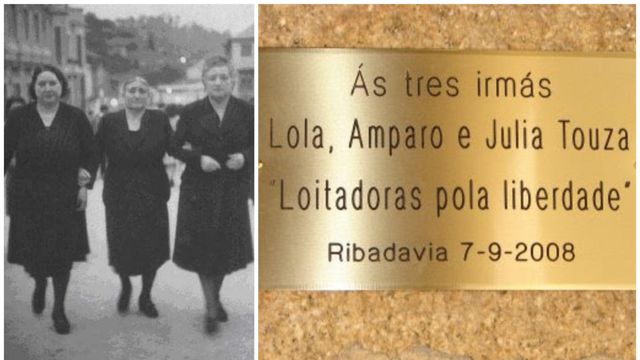 Las tres hermanas y la placa que les rinde homenaje en su Ribadavia natal