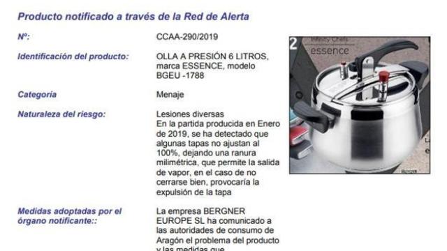 Comunicado emitido por Aecosan sobre la olla a presión