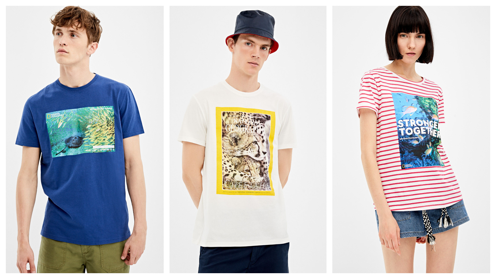 Algunos modelos luciendo camisetas de la colección conjunta de Springfield y National Geographic.