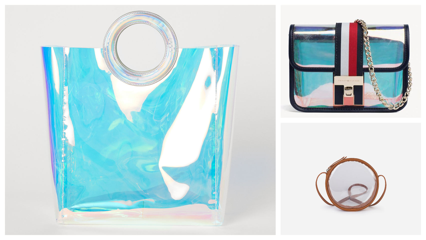 Algunos bolsos transparentes en un montaje de JALEOS.