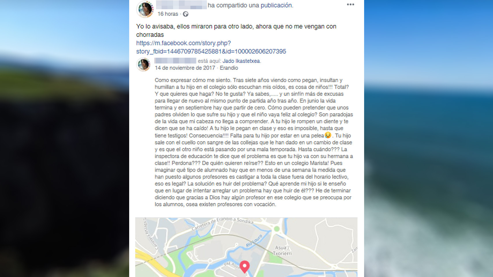 Publicación donde la madre del niño de 13 años que se ha quitado la vida denuncia el acoso escolar que este sufría.