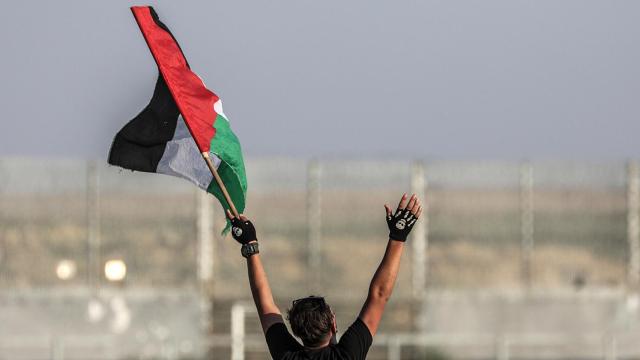 Un palestino agita una bandera durante una protesta.