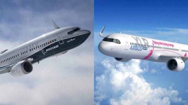 Un avión  737 MAX de Boeing  y un A321XLR de Airbus.