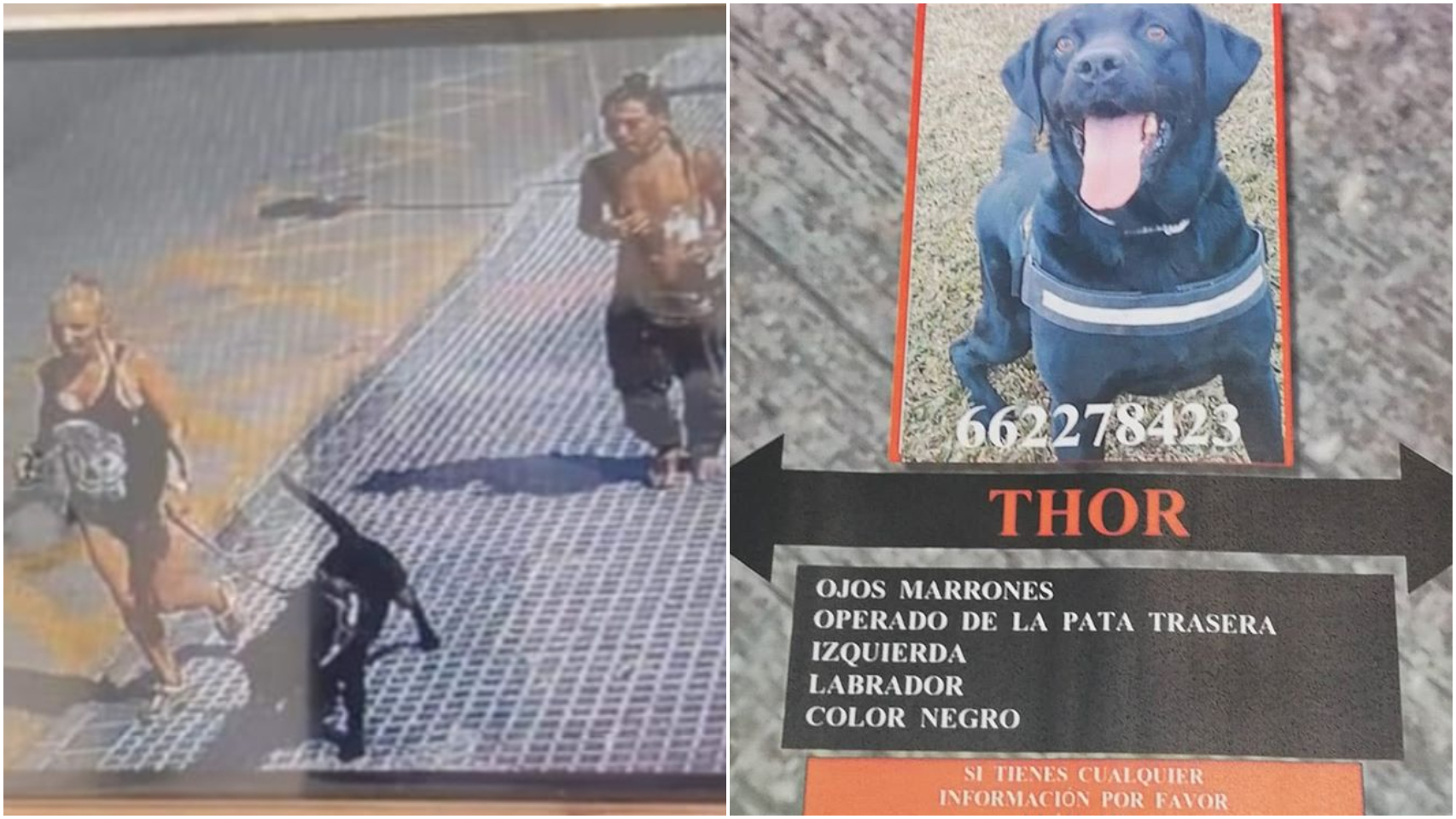 El cartel que compartió la familia, a la derecha, y la foto de los supuestos ladrones, a la izquierda.