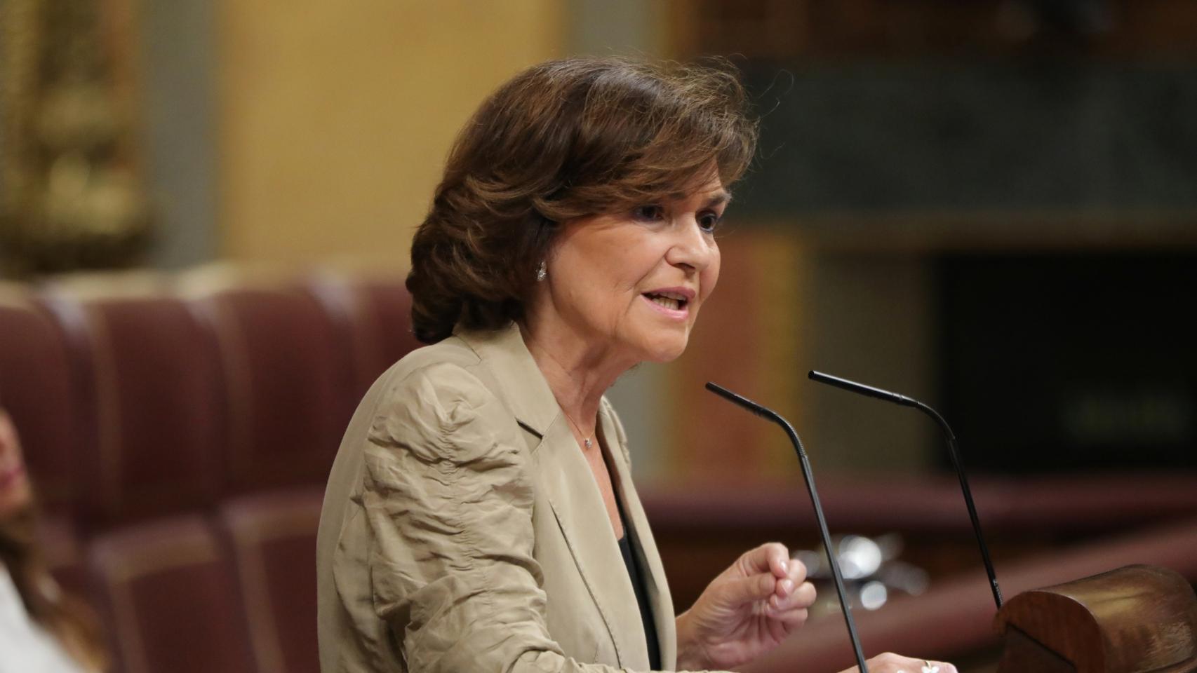 Carmen Calvo, en la comparecencia por el 'Open Arms'.